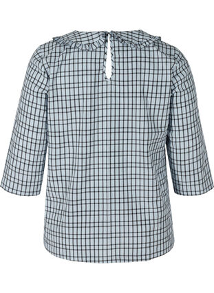 Rutete bluse med 3/4-ermer og volangkant, Light Blue Check , Packshot image number 1