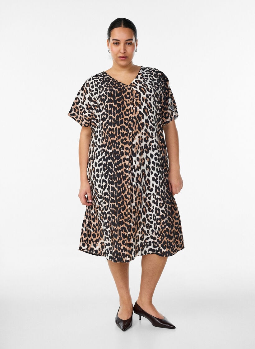 Kjole med V-hals i viskose, Brun, Model image number 0