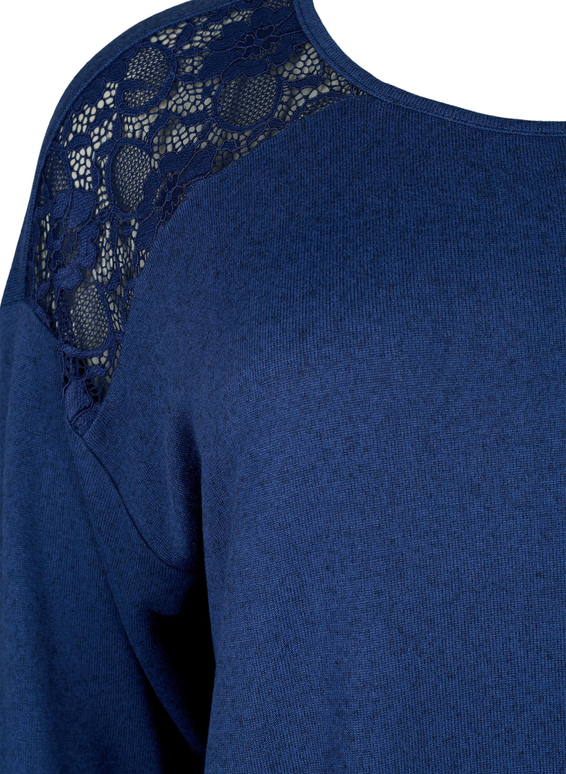 Zizzi Bluse med 3/4-ermer og blondedetaljer, Medieval Blue Mel., Packshot image number 2