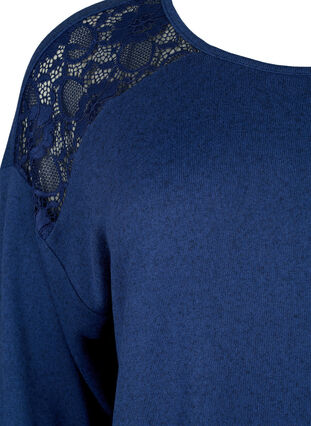 Bluse med 3/4-ermer og blondedetaljer, Medieval Blue Mel., Packshot image number 2