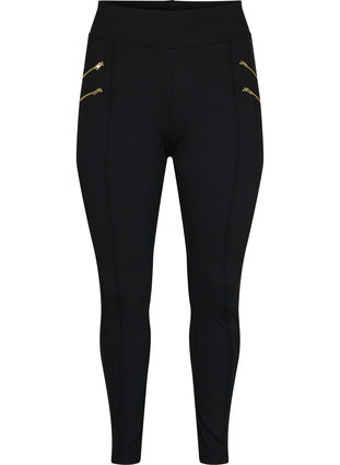Ensfargede leggings med glidelåsdetaljer, Black, Packshot image number 0