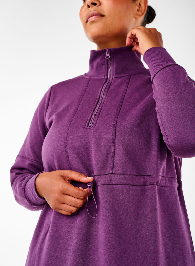 Kort sweatshirtkjole med høy hals og justerbar midje, Deep Purple, Model image number 2