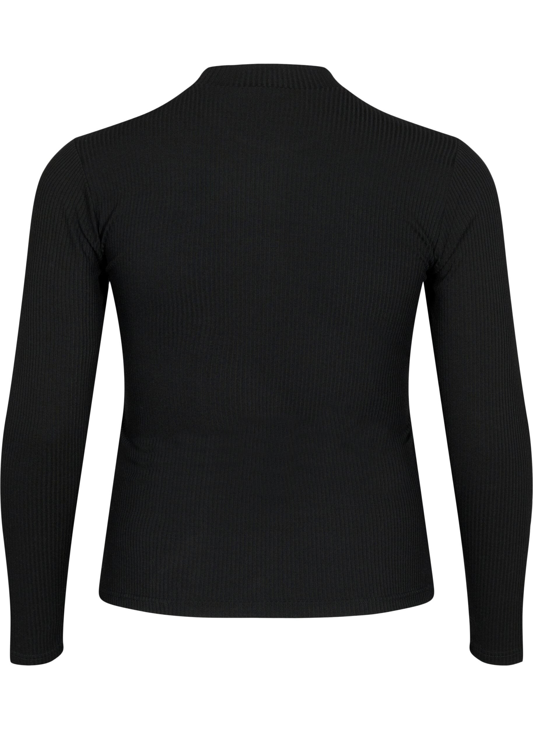 Zizzi Langermet, ribbestrikket bluse med hulldetaljer, Black, Packshot image number 1