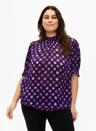 Zizzi Kortermet smokk bluse med trykk, Medieval Bl. Dot AOP, Model image number 0