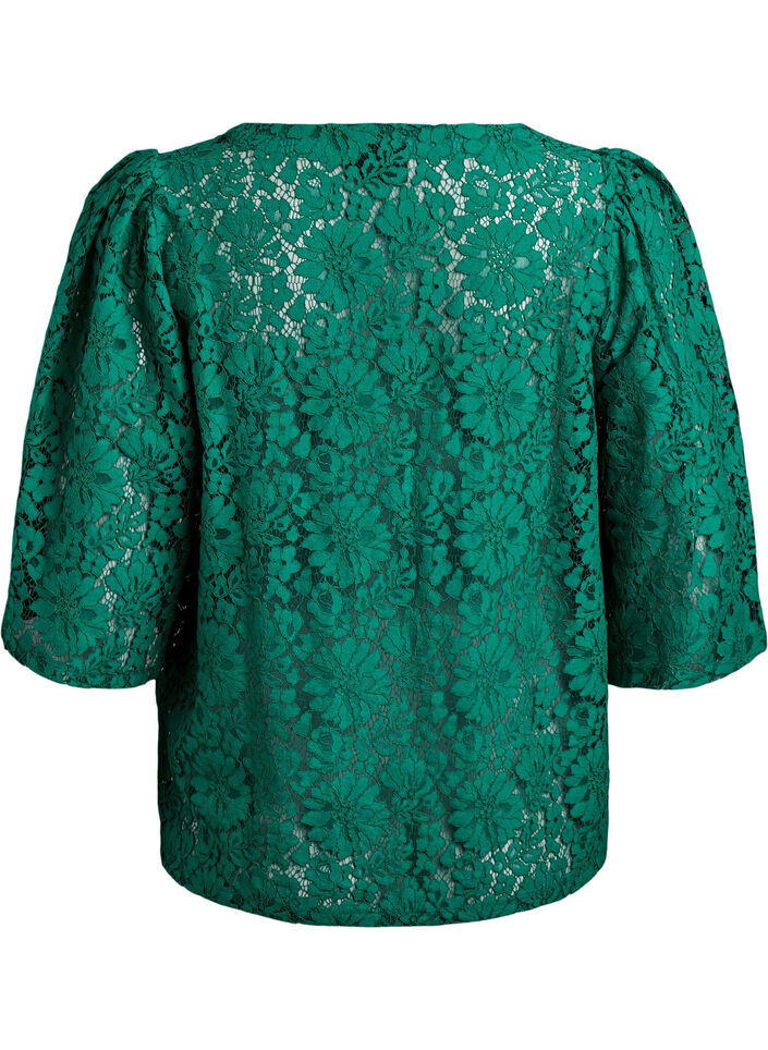 Bluse med blonder, 3/4 ermer og sløyfer foran, Grønn, Packshot image number 1