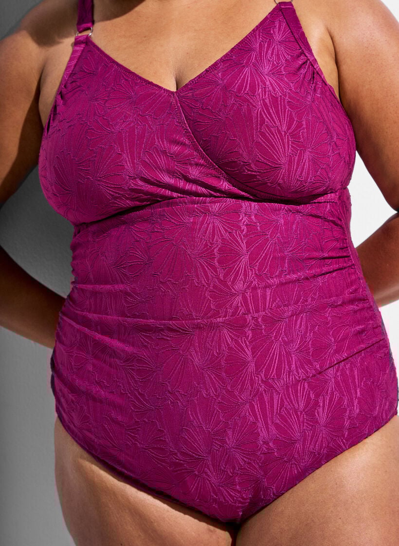 Badedrakt med omslagsdetaljer og ton-i-ton blomstret tekstur, R&oslash;d, Model image number 2