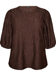 Bluse med tekstur og 3/4 ermer, Brun