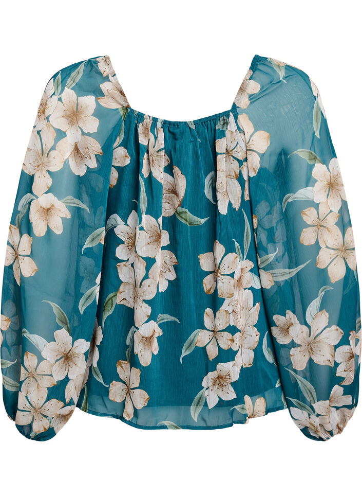 Chiffonbluse med blomstertrykk og lange ermer, Grønn, Packshot image number 1