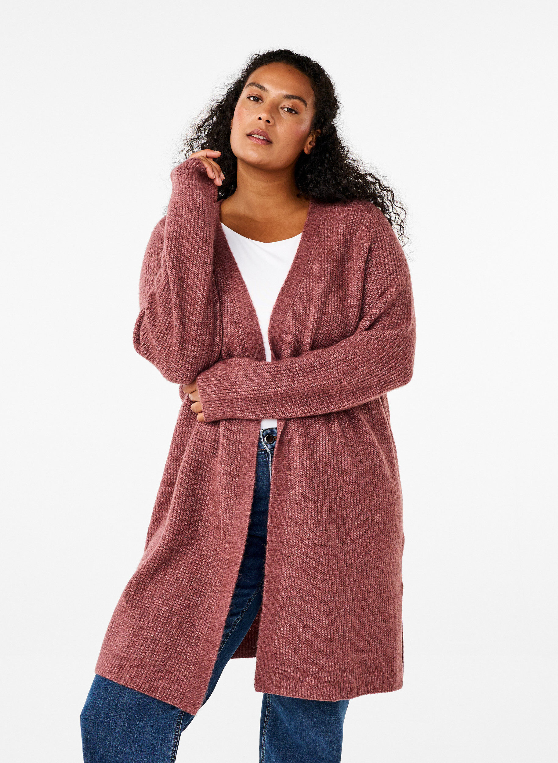 Zizzi FLASH - Ribbestrikket cardigan med splitter, Rose Brown Melange, Model image number 0