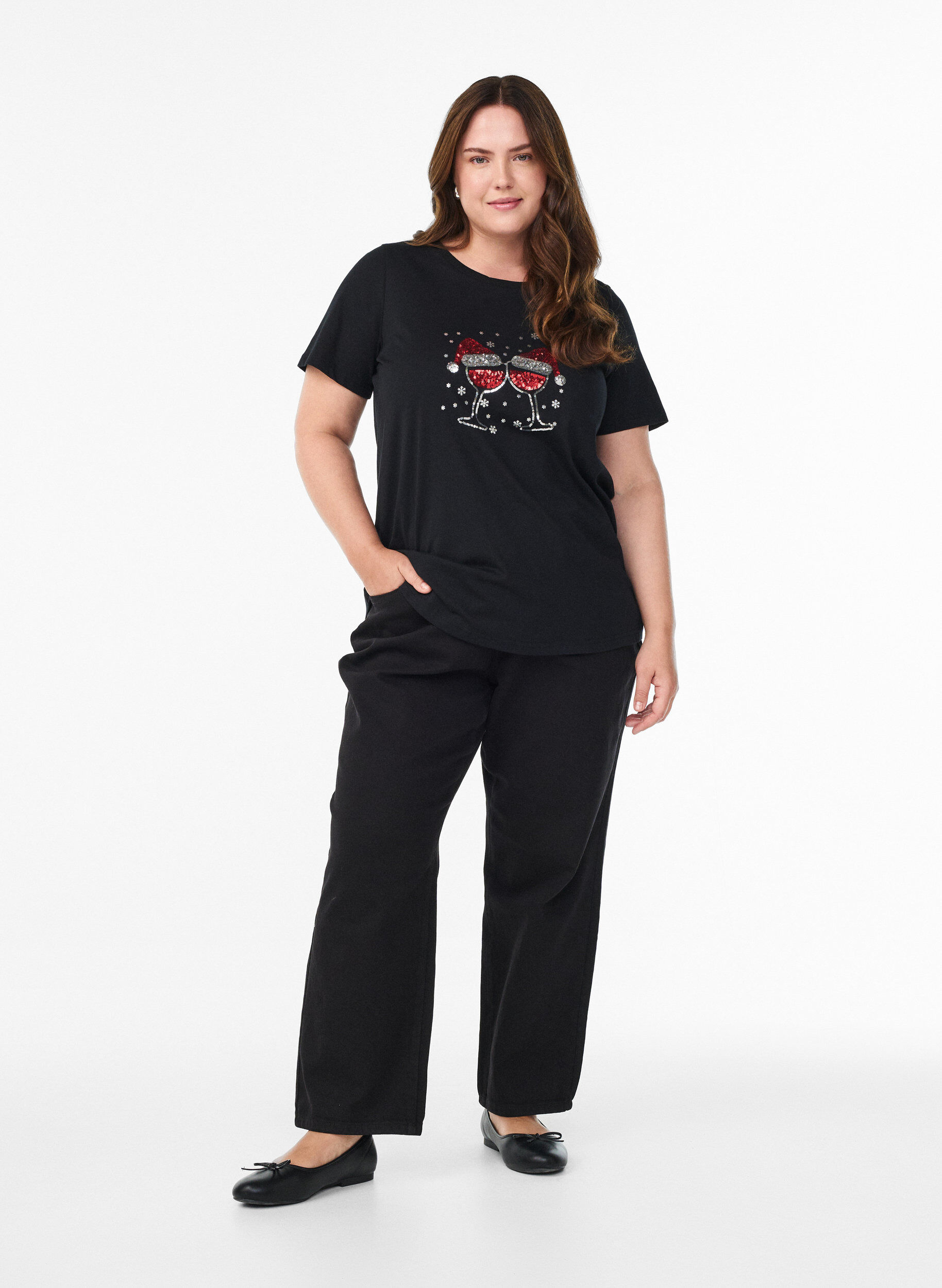 Zizzi Jule-T-skjorte i &oslash;kologisk bomull, Svart, Model image number 1