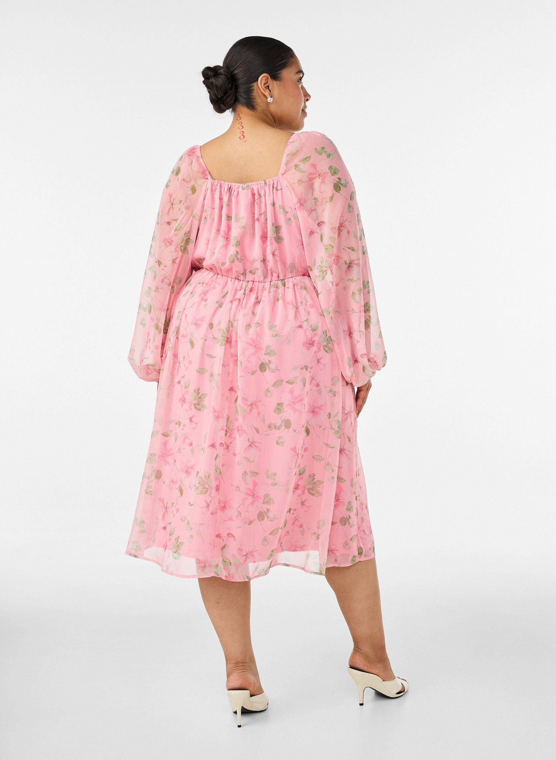 ZizziChiffon festkjole med lange ermer, Rosa, Model image number 1
