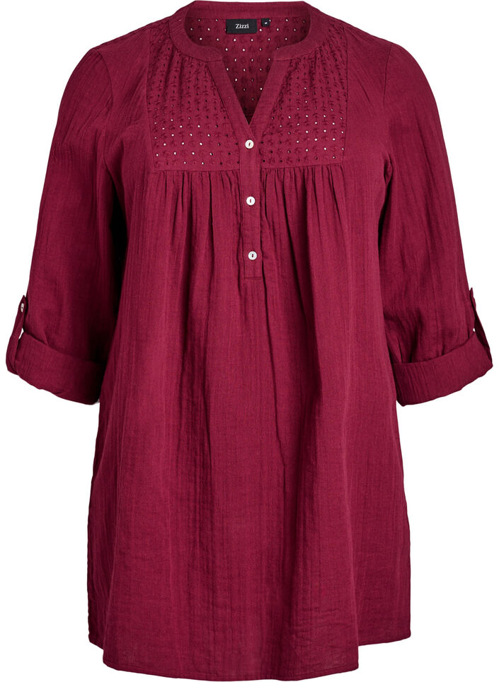 Bomullsmuslin tunika med broderie anglaise, M&oslash;rk Bordeaux, Packshot image number 0