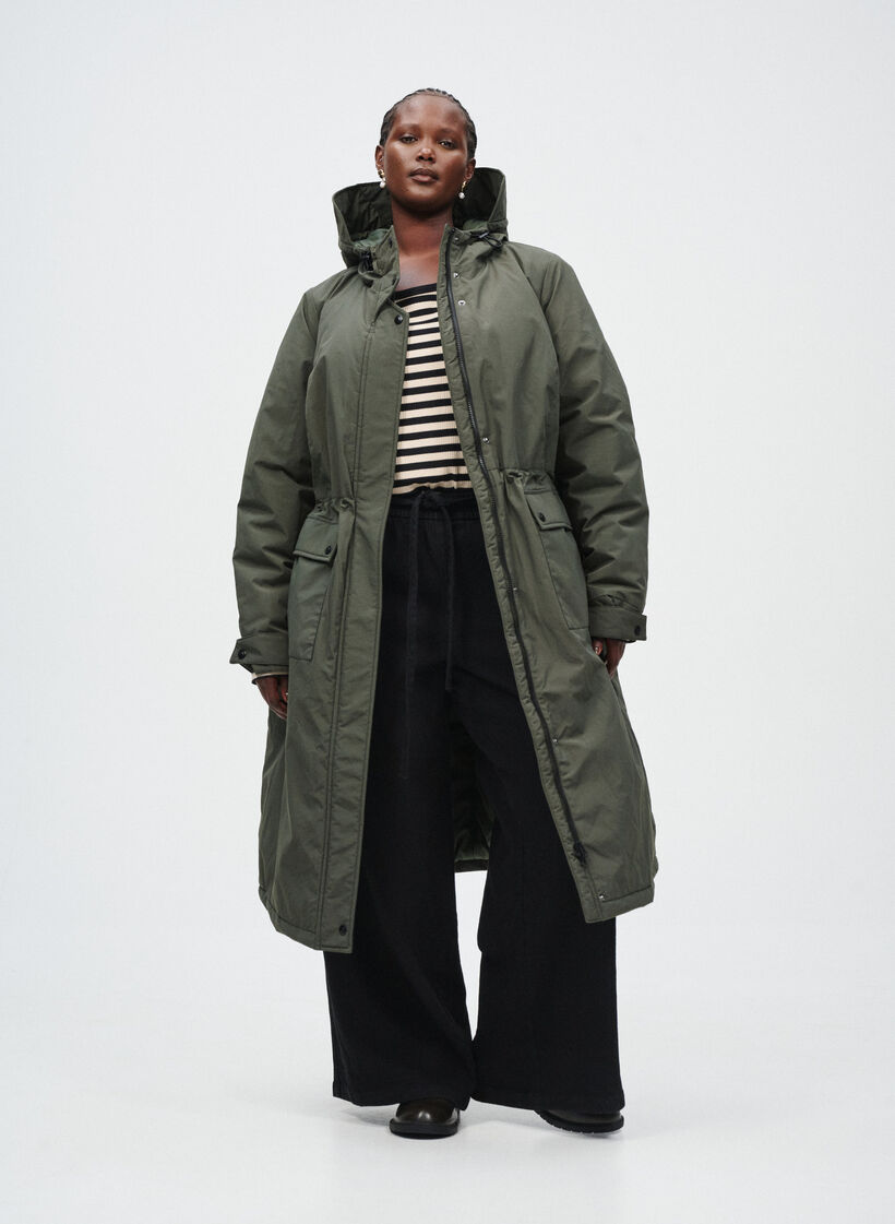 Parka med hette og justerbar midje, Grønn, Image image number 0