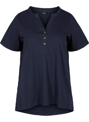 T-skjorte i bomull med V-hals og knapper, Night Sky, Packshot image number 0