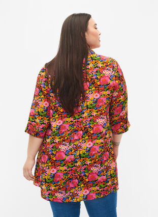 Blomstrete tunika i viskose med 3/4-ermer, Neon Flower Print, Model image number 1