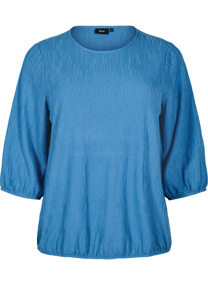 Bluse med tekstur og 3/4 ermer, Bl&aring;, Packshot image number 0