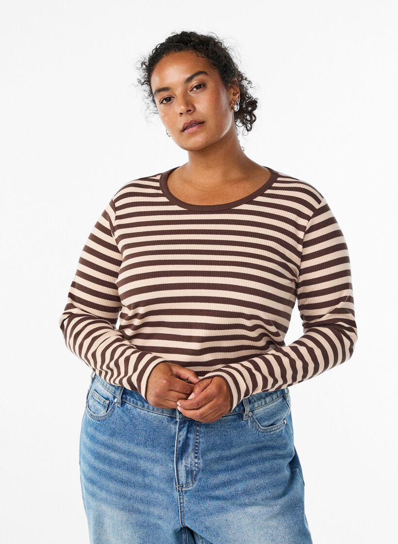 Stripete bluse med lange ermer, Brun, Model image number 0
