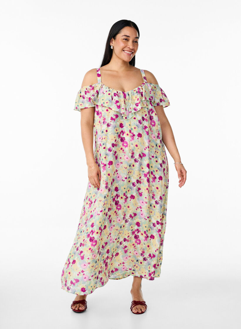 Blomstret midikjole med off-shoulder volang, Cloud Dancer FL AOP, Model