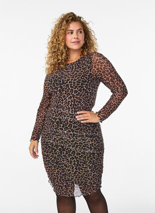 Zizzi Kort mesh-kjole med leopardtrykk, Brun, Model image number 0