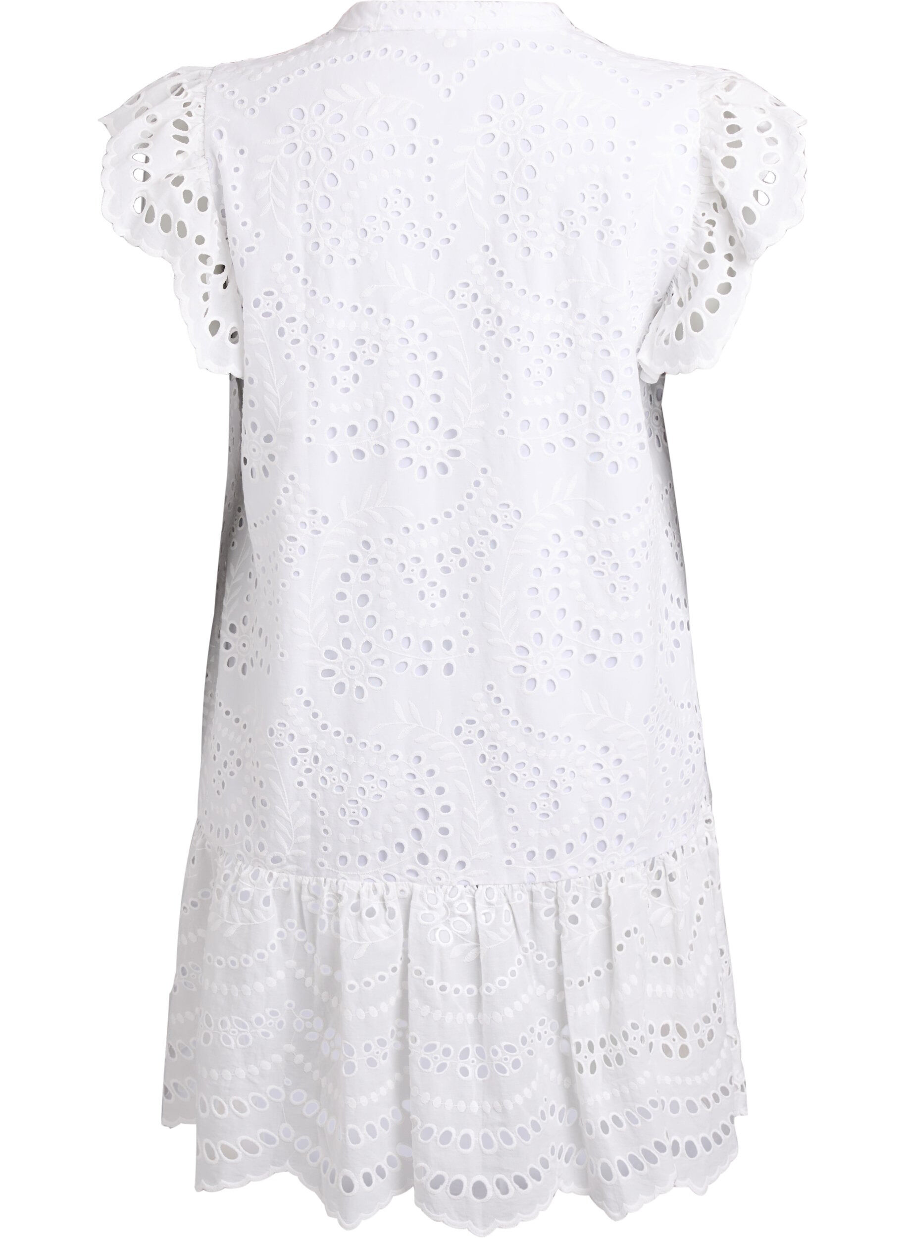 Zizzi Kjole med broderie anglaise og volangermer, Hvit, Packshot image number 1