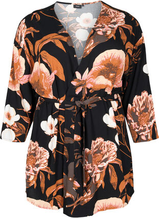 Blomstrete kimono i viskose, Black Flower AOP, Packshot image number 0