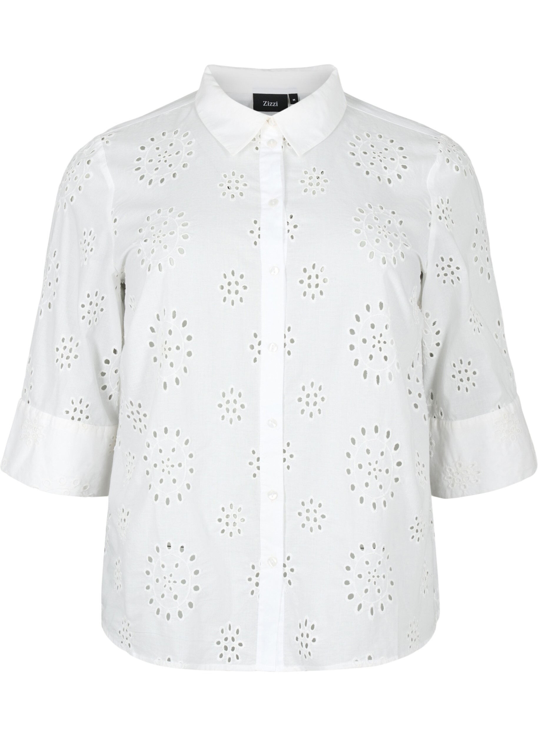 Zizzi Skjortebluse med engelsk broderi og 3/4-ermer, Bright White, Packshot image number 0