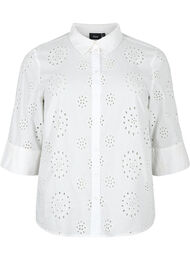 Skjortebluse med engelsk broderi og 3/4-ermer, Bright White