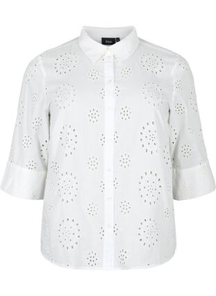 Skjortebluse med engelsk broderi og 3/4-ermer, Bright White, Packshot image number 0