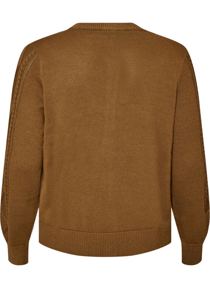 Kabelstrikket cardigan med dekorative knapper, Brun, Packshot image number 1