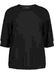 Bluse med 3/4-ermer og strukturmønster, Black