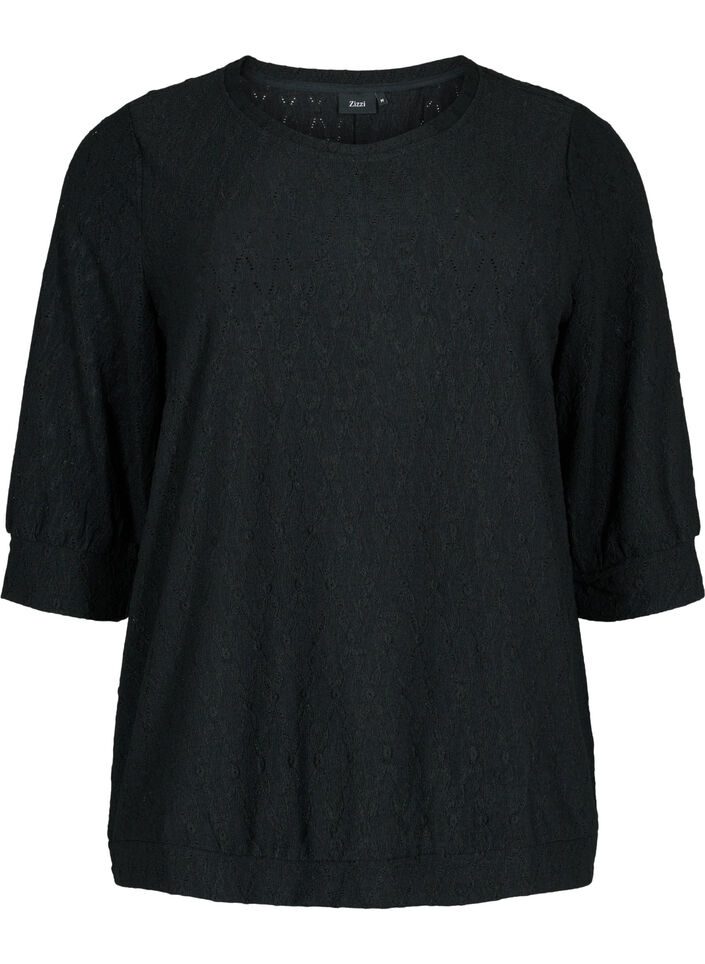 Bluse med 3/4-ermer og strukturmønster, Black, Packshot image number 0