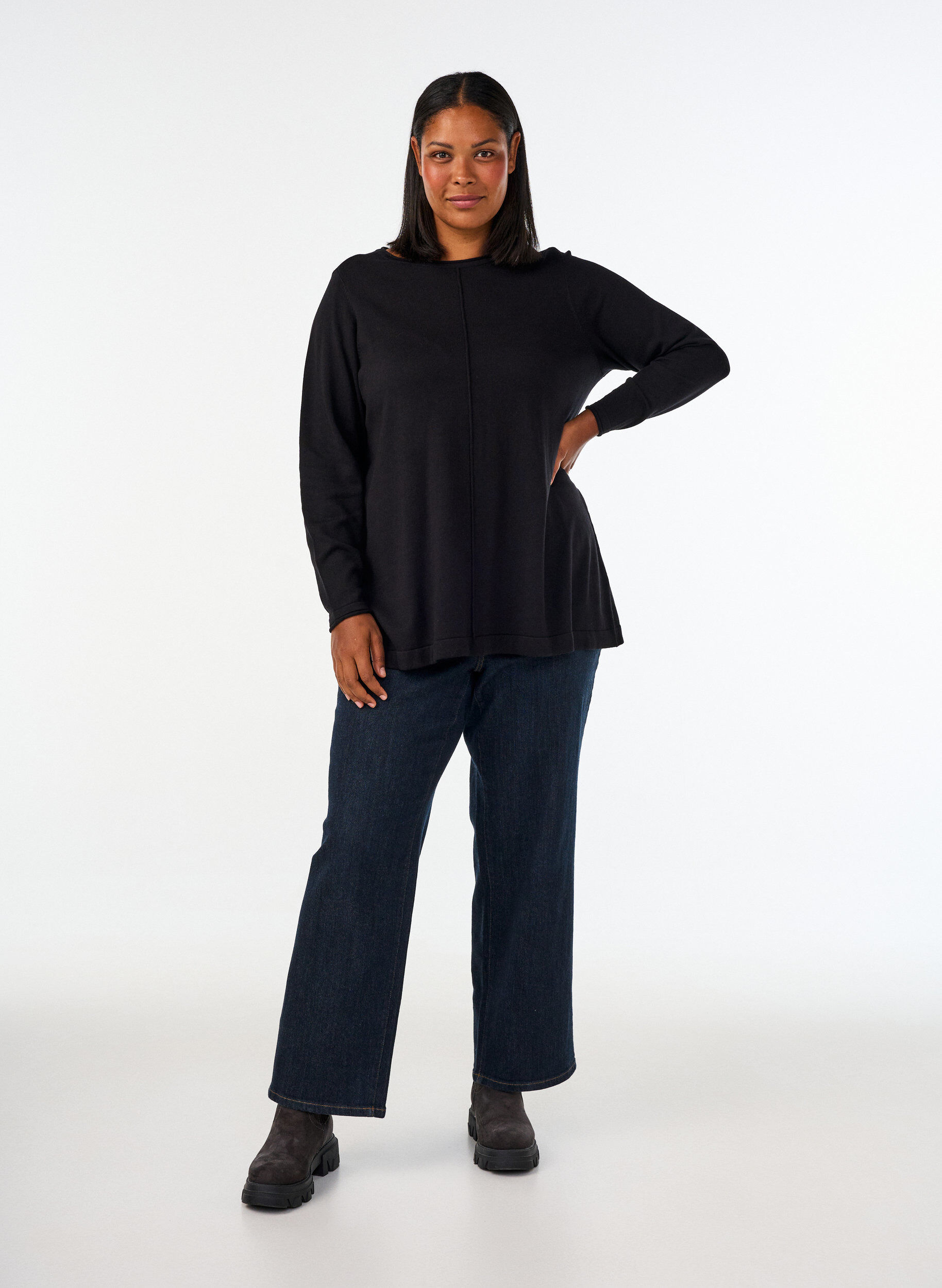ZizziStrikket bluse i bomull og viskoseblanding, Svart, Model image number 1