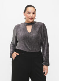 Langermet bluse med glitter, rund hals og V-detalj, Black Silver, Model