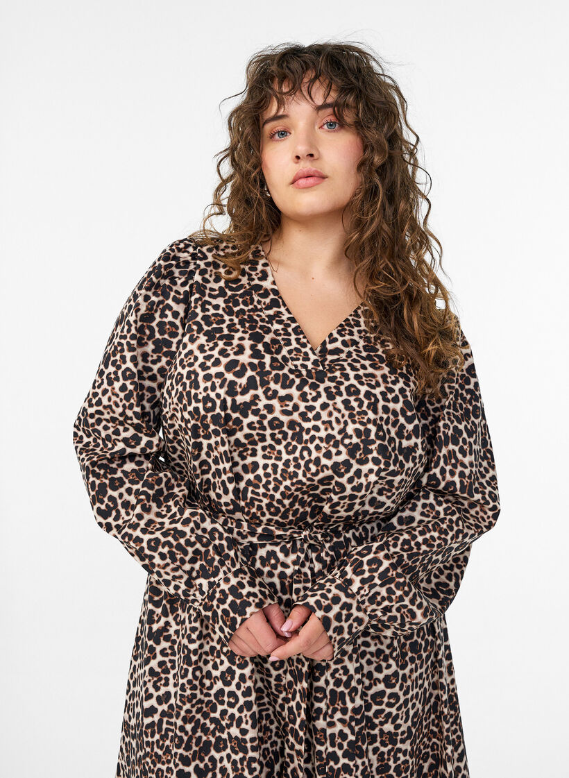 Kjole i økologisk bomull med knytebelte, Brun, Model image number 2