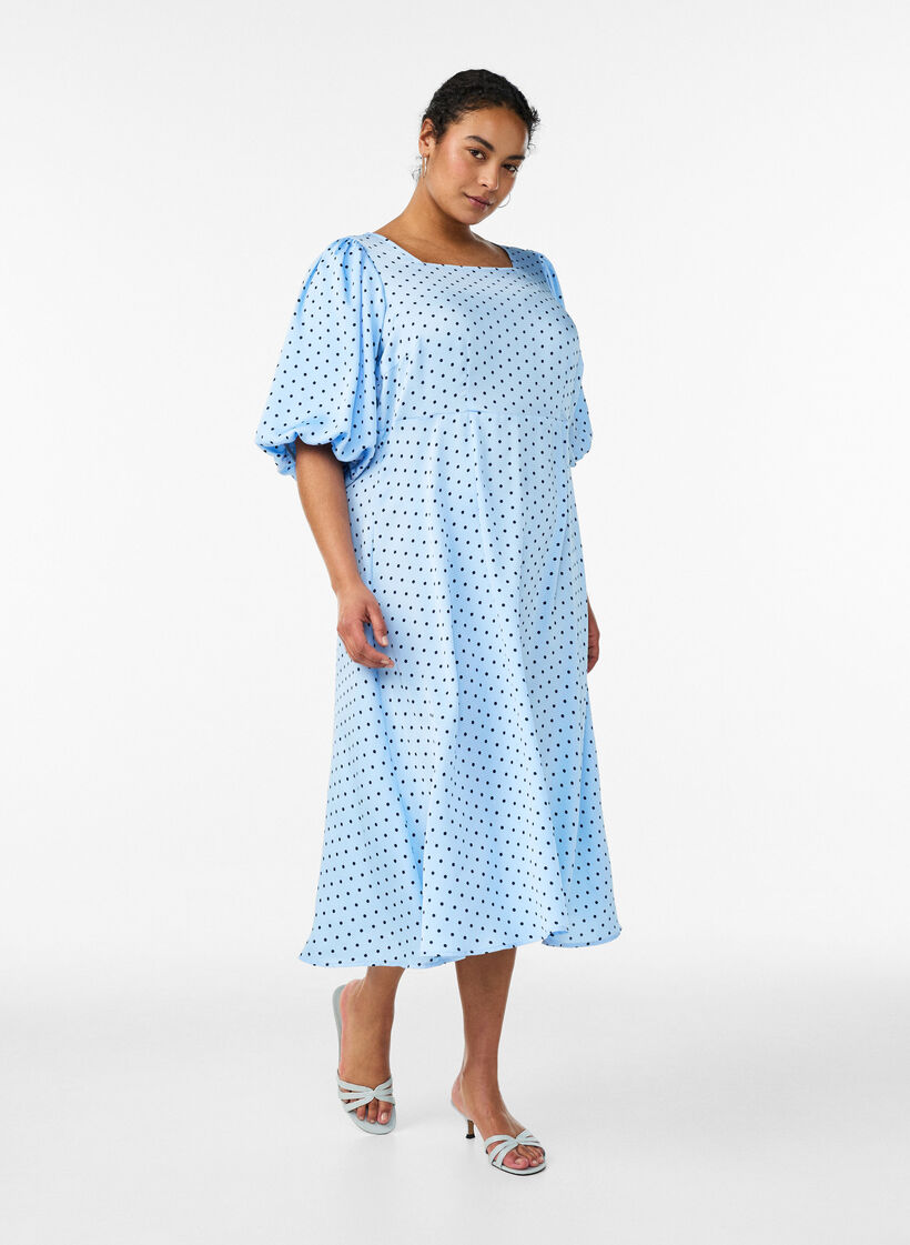 Midikjole med prikkem&oslash;nster og firkantet hals, Bl&aring;, Model image number 0