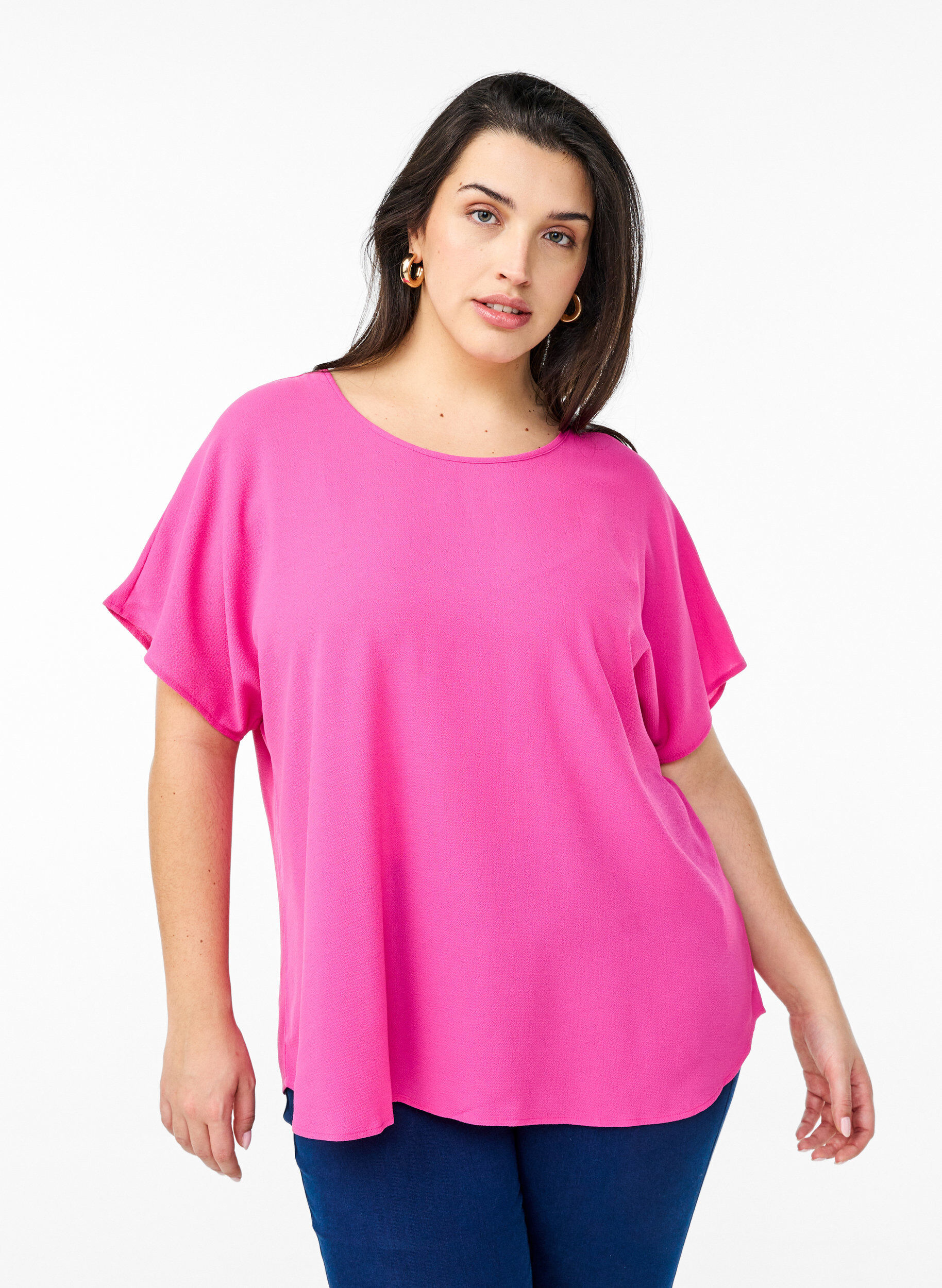 Bluse med korte ermer og rund hals, Rosa, Model