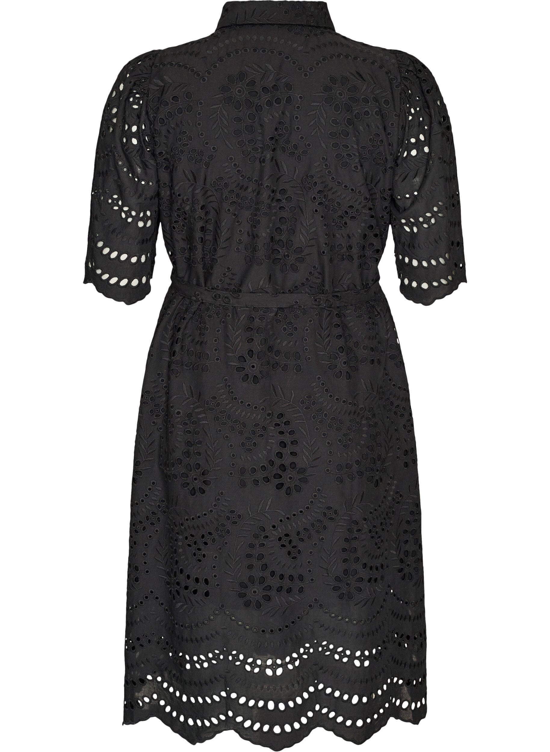 ZizziSkjortekjole i broderie anglaise med knytebelte, Svart, Packshot image number 1