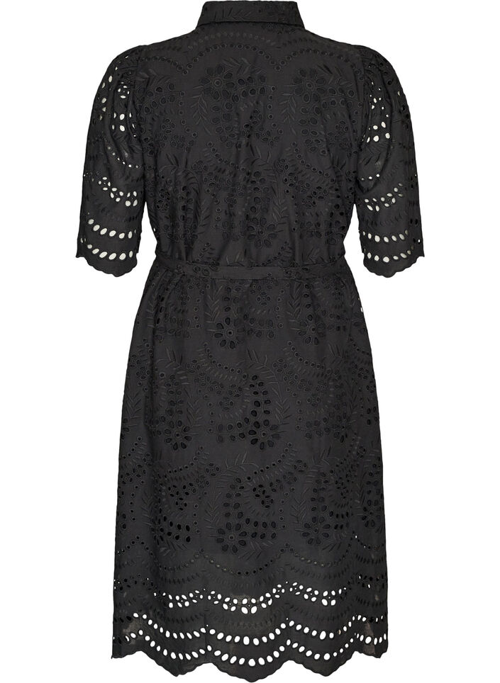 Skjortekjole i broderie anglaise med knytebelte, Svart, Packshot image number 1