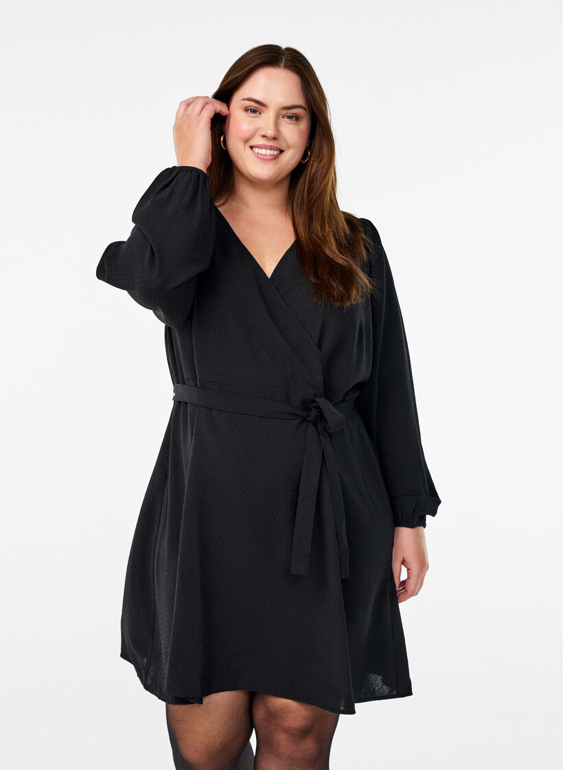 Kort omslagskjole med knytebelte, Svart, Model image number 0
