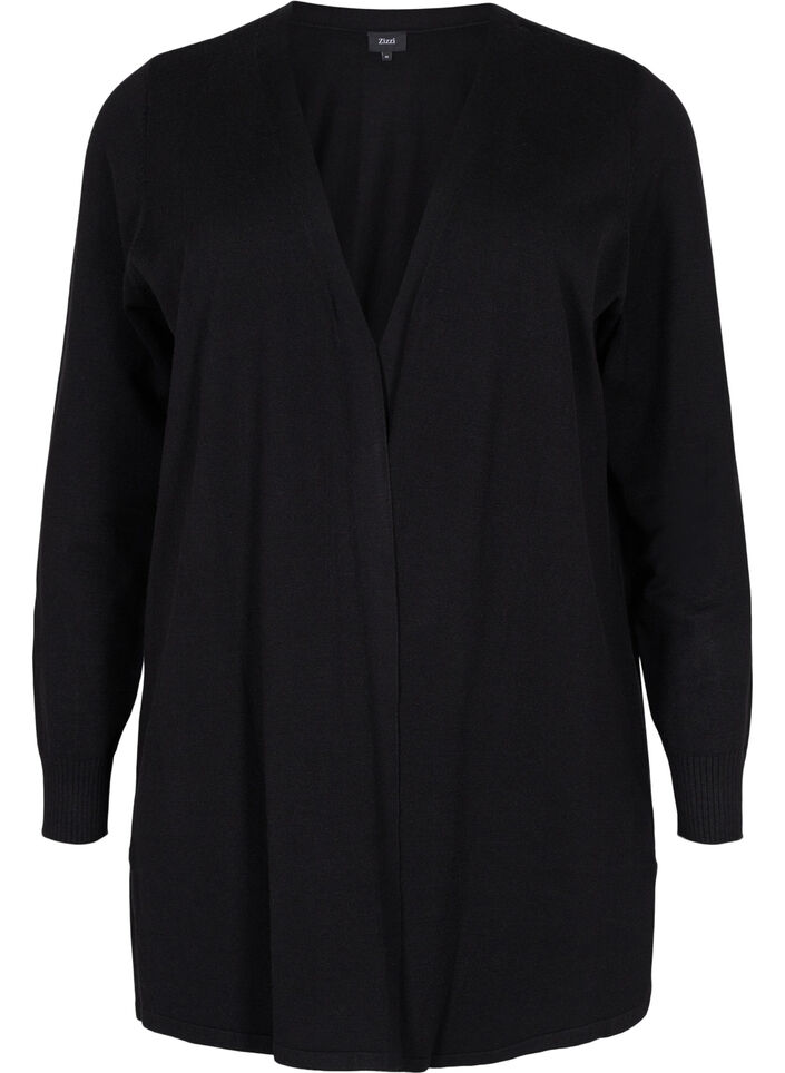 Strikket cardigan med splitt og ribbekanter, Black, Packshot image number 0