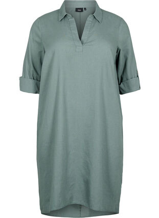 Stripet kjole i bomull og lin, Balsam Green, Packshot image number 0
