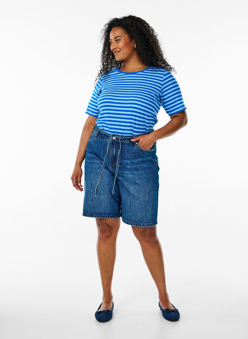 T-shirt med striper og ribbestrikket struktur, Bl&aring;, Model image number 1
