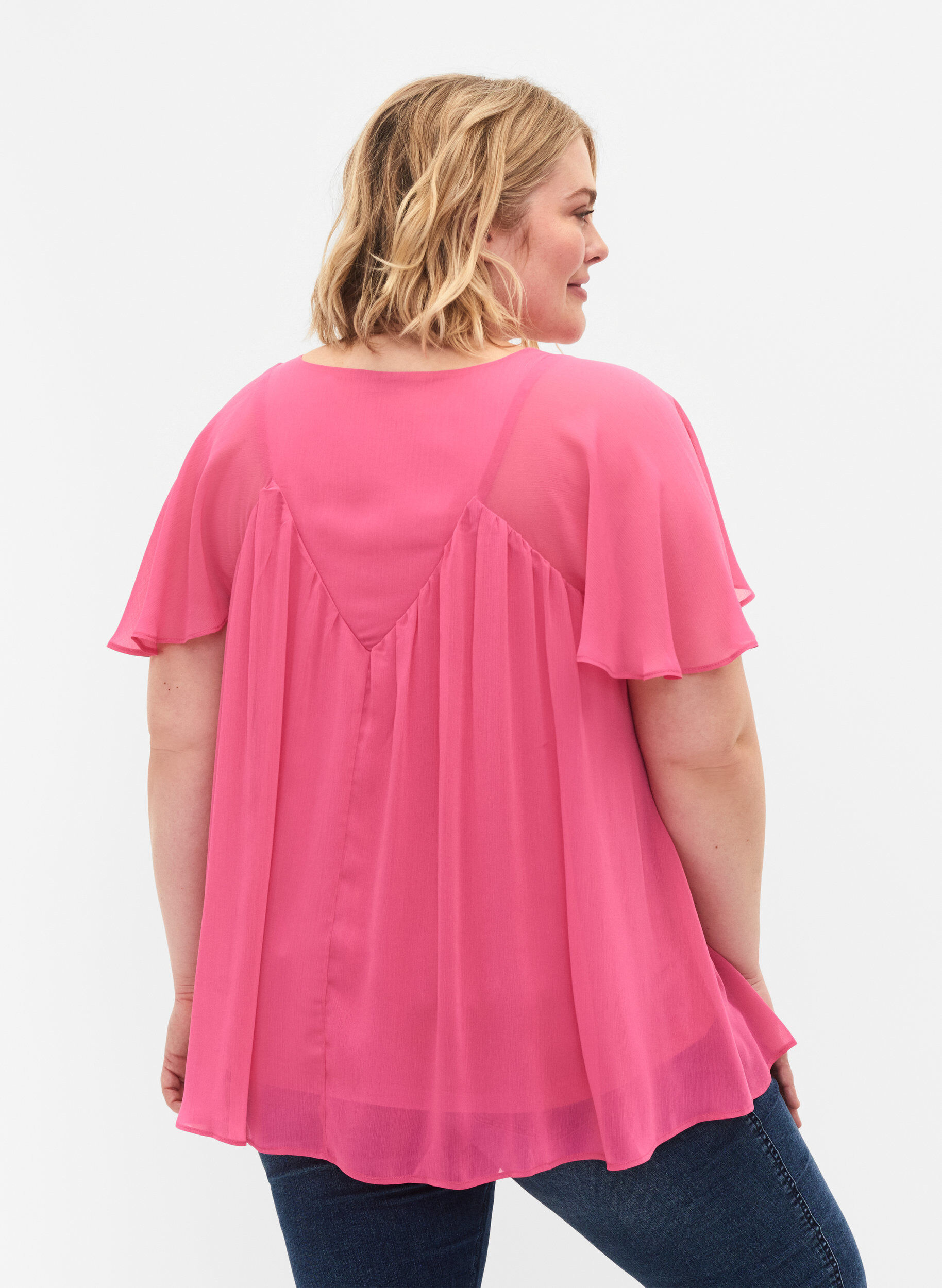 Zizzi Ensfarget bluse med flaggermusermer og V-hals, Shocking Pink, Model image number 1