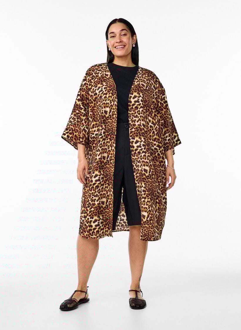 Kimono i viskose med 3/4 ermer, Brun, Model image number 1