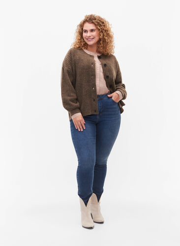 Strikket ribbestrikket cardigan med knapper, Brown Mel., Model image number 2