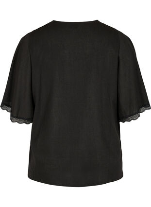 Bluse med brede 2/4-ermer og blondedetaljer, Black, Packshot image number 1