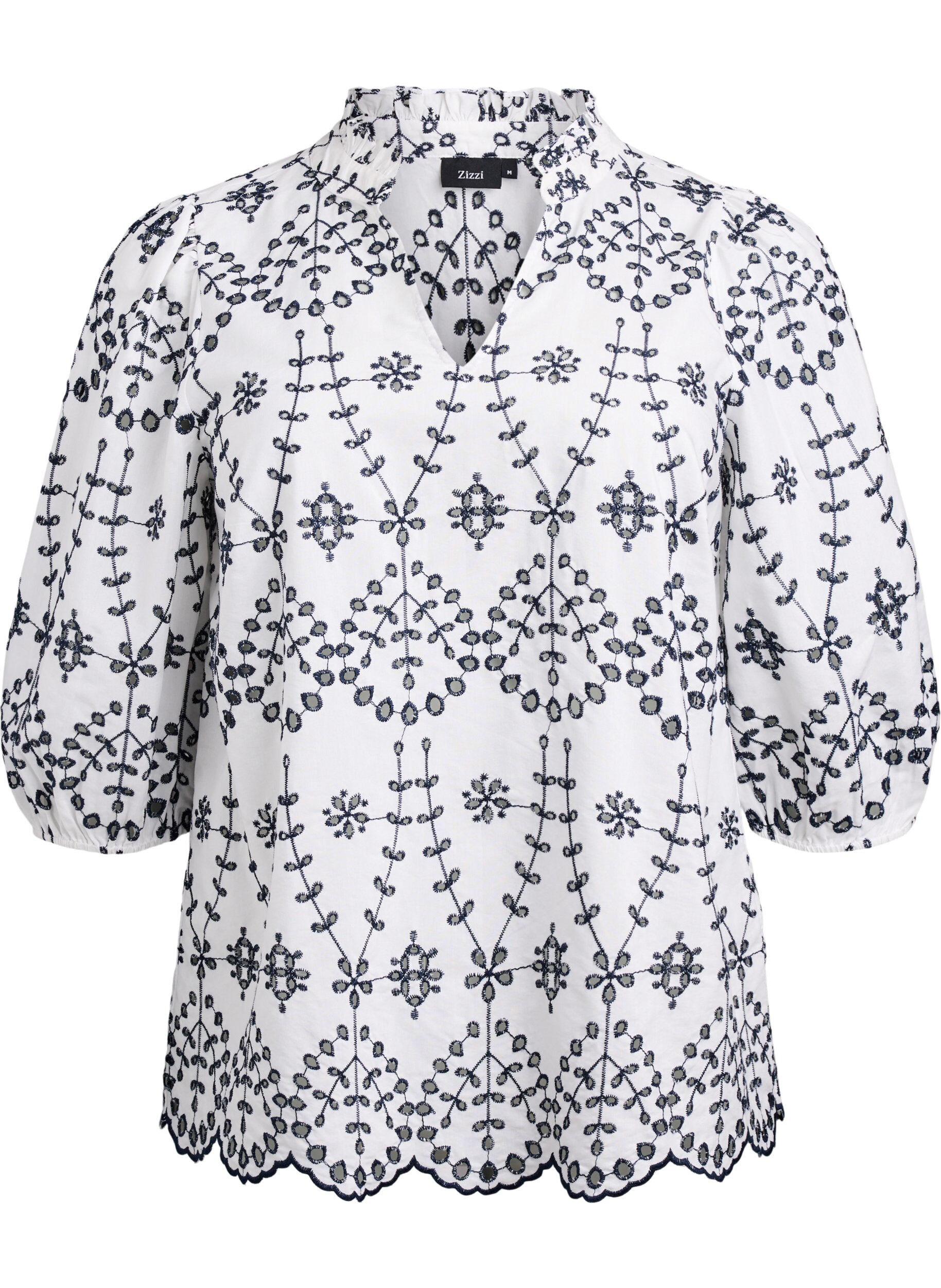 Zizzi 3/4 ermet bluse med kontrasterende broderi anglaise, Hvit, Packshot image number 0