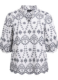 3/4 ermet bluse med kontrasterende broderi anglaise, White w. Navy Blazer