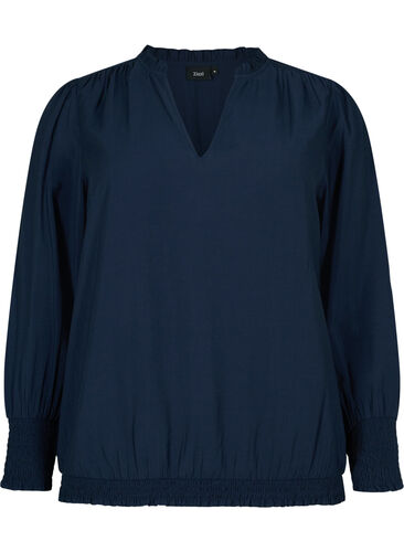 Bluse i viskose med lange ermer og smock, Navy Blazer, Packshot image number 0