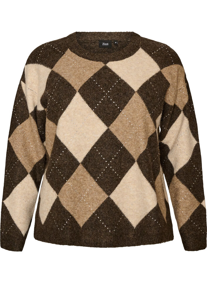 Strikket topp med argyle m&oslash;nster og rhinesteiner, Brun, Packshot image number 0